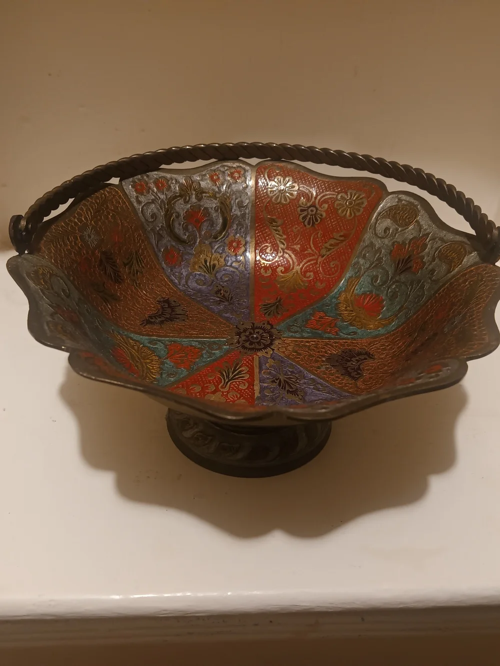 Vintage Brass Cloisonne Pedestal Basket Bowl